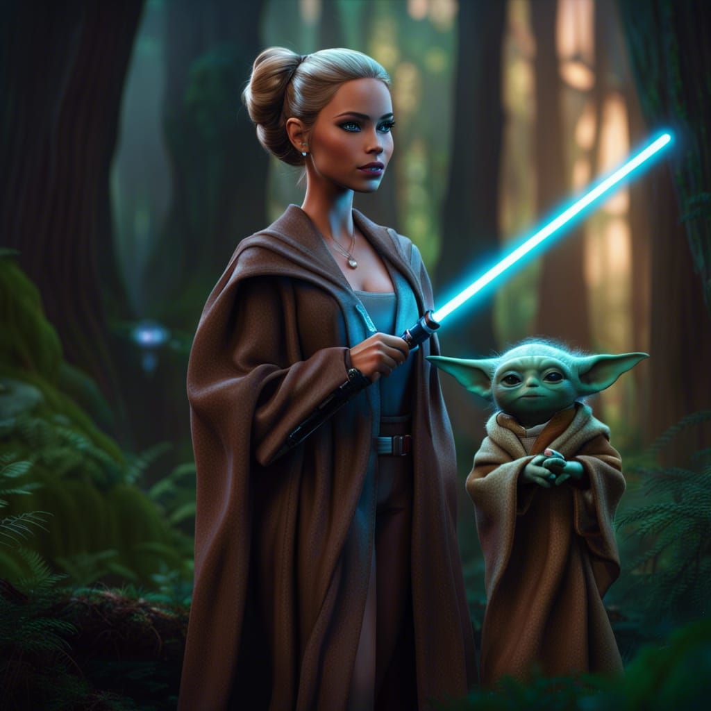 Star Wars Barbie with Baby Yoda on Endor