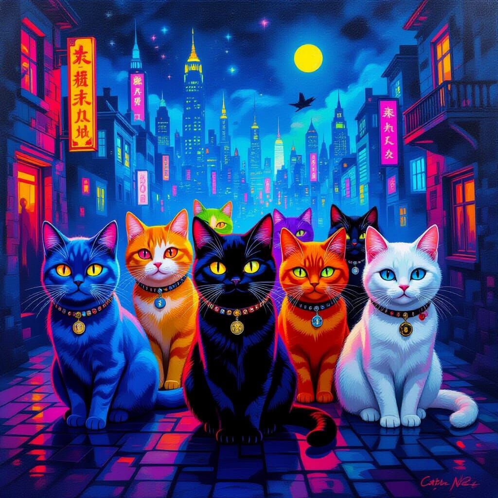 Surrealist Cats on a Neon Mission Oil Painting