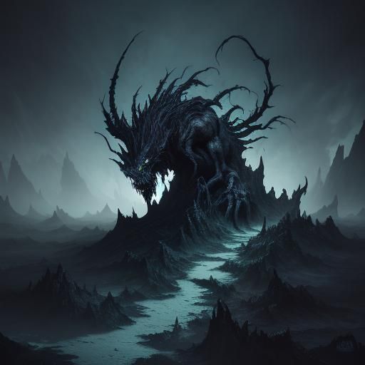 Inkveil: Twisted Creature in a Gothic Landscape