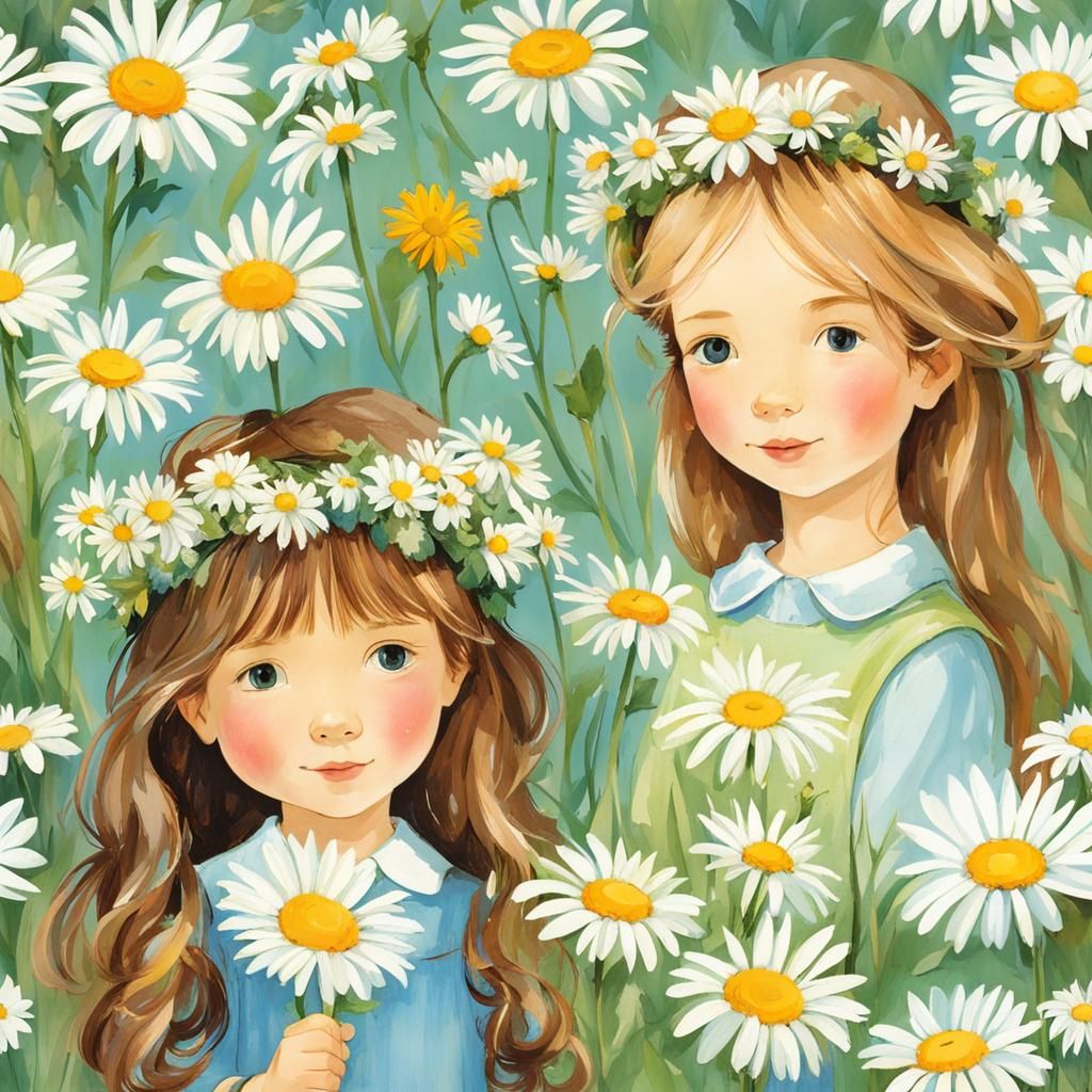 Girls Making Daisy Wreaths in Illustrative Style