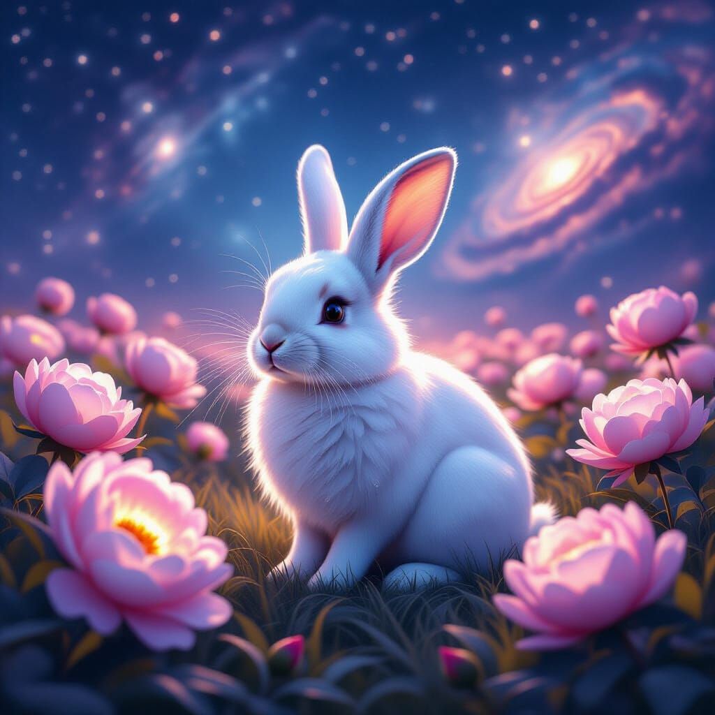 Ethereal Rabbit in Nebula Light with Glowing Peonies