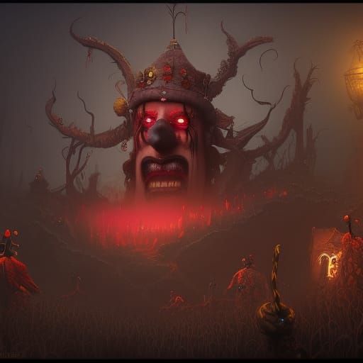 Detailed Matte Painting of Scary Clowns with Red Eyes