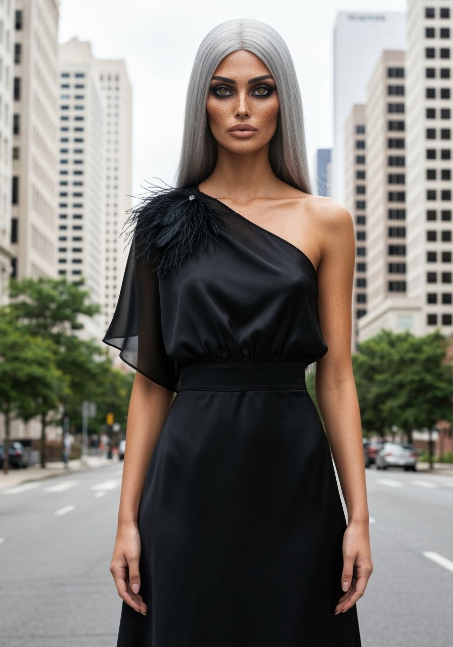 Elegant Model in Silk Dress, Realistic Cityscape Photography