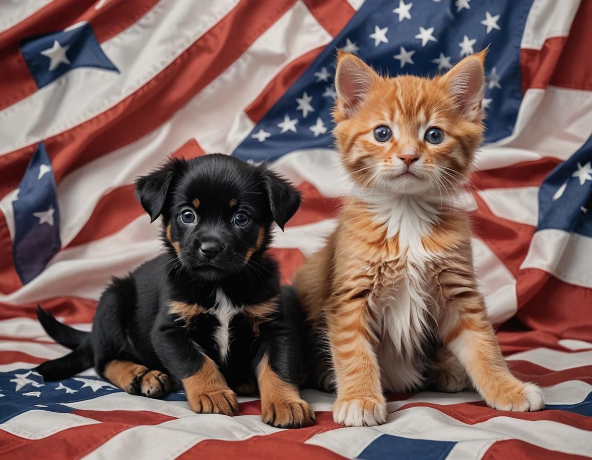 Puppy and Kitten Resting on American Flag