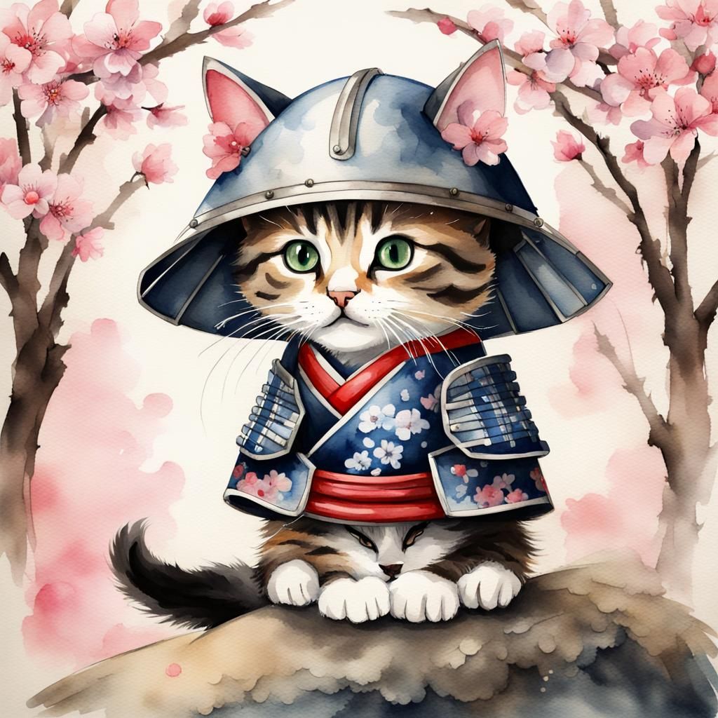 Kitten Samurai in Watercolor Blossom Garden