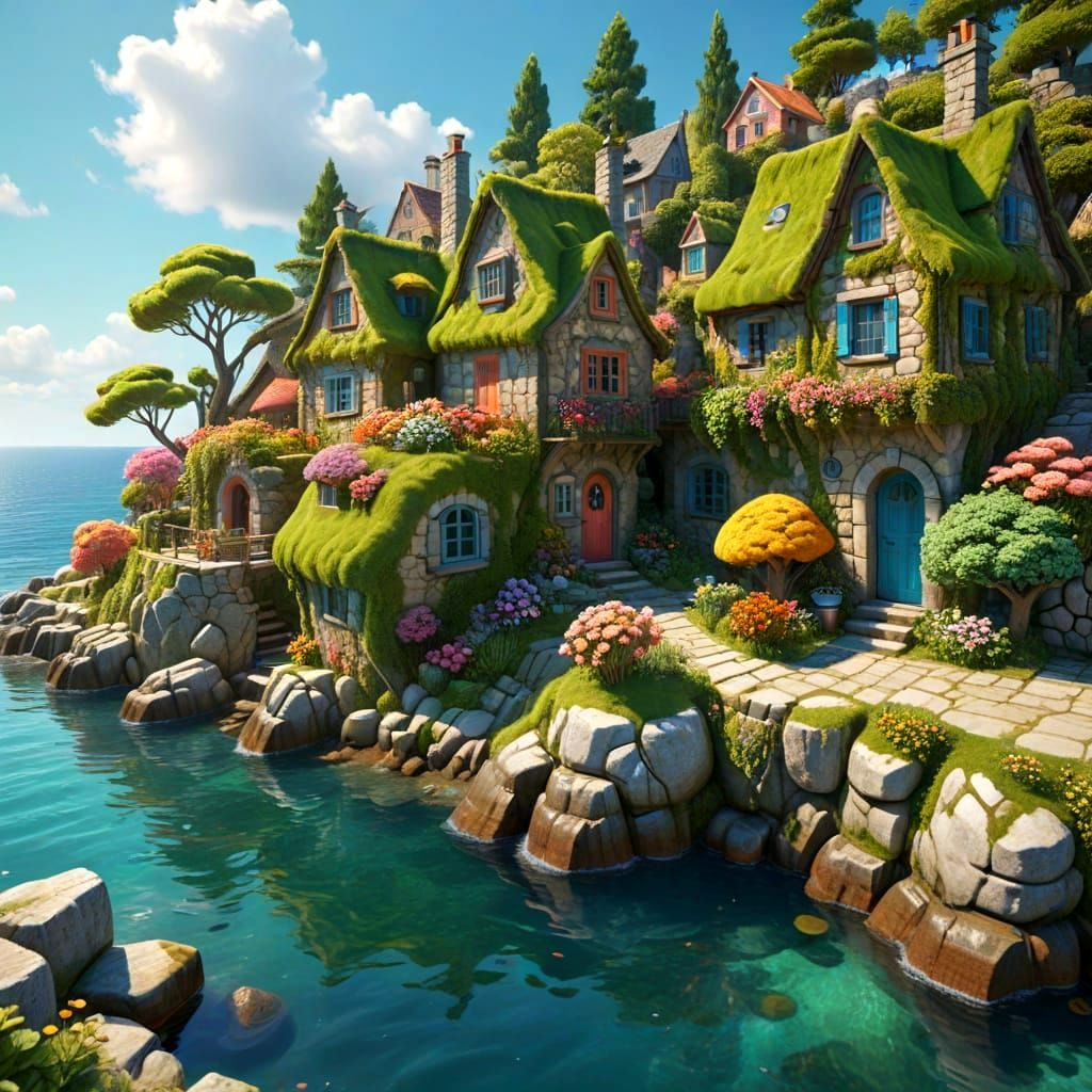 Ancient Village by the Sea in Whimsical Candy Art Style
