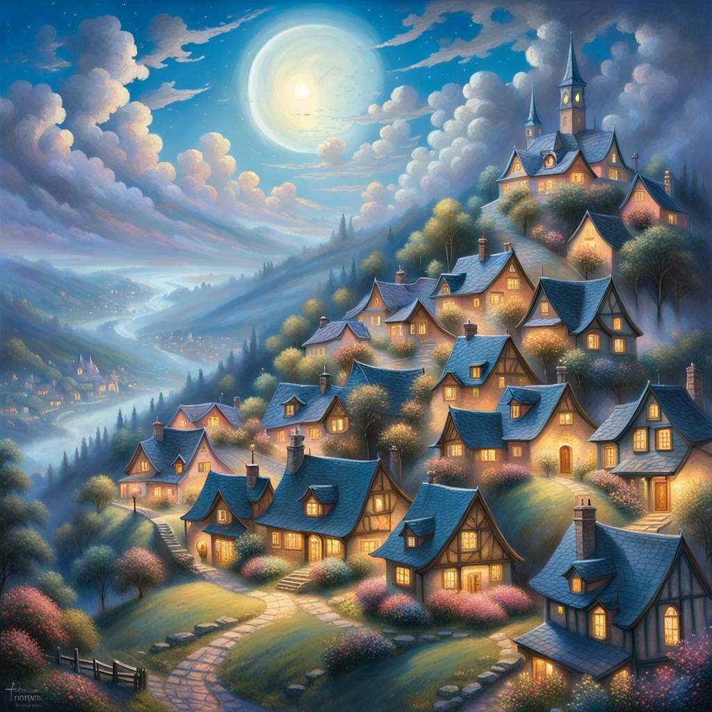Ethereal Fantasy Village Under Moonlit Sky