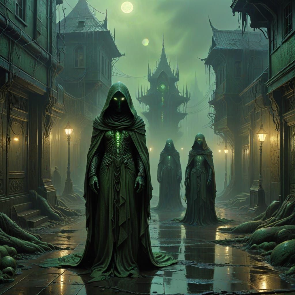 Glowing Green Victorian-Era Aliens in Foggy City Streets
