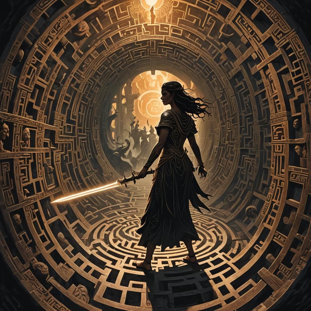 Woman in Labyrinth with Sword, Dark Fantasy Art