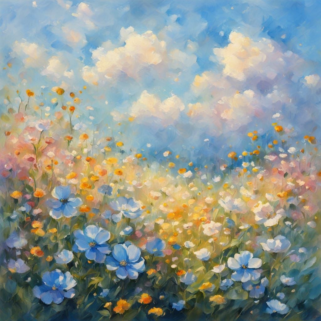 Impressionist Flowers Shimmering Under a Blue Sky
