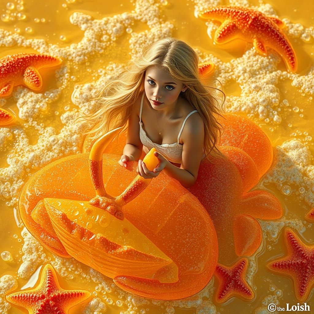 Woman Rides Gummy Crab in Soda Sea: Dreamlike Art