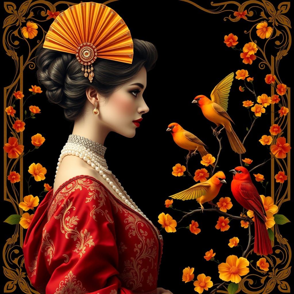 Elegant Baroque Woman in Crimson and Gold Attire