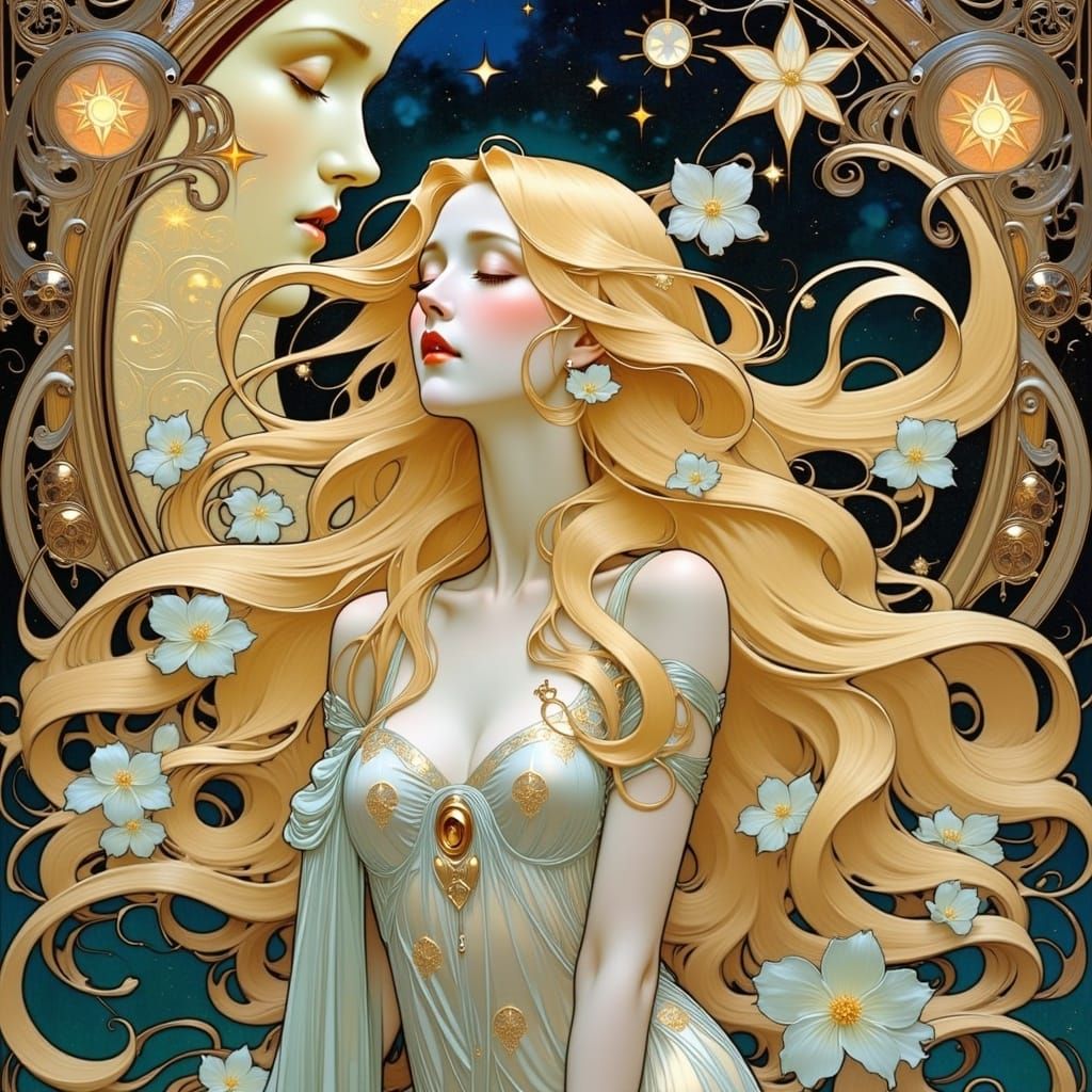 Ethereal Art Nouveau Woman Kissed by the Moon