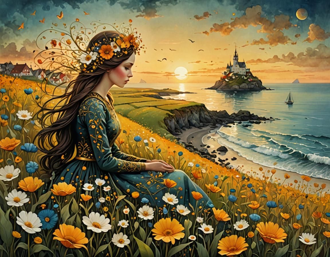 Dreamlike Seaside Flower Field at Sunset