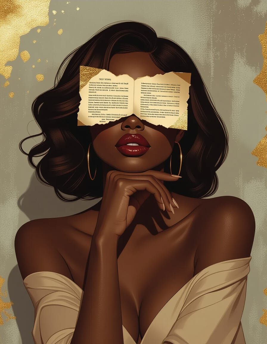 Woman with Text-Covered Eyes in Surreal Art Deco Style