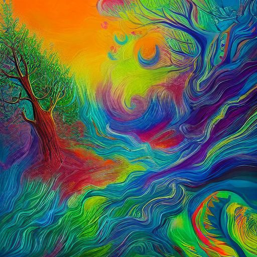 Fantasy Creature Bursts From Rainbow Portal in Surreal Style