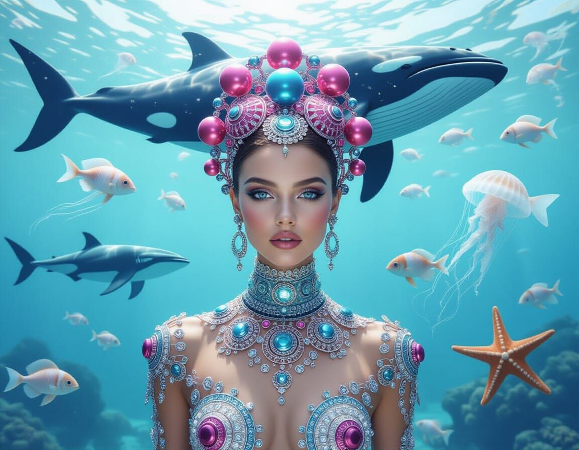 Futuristic Woman in Fabric Whale Sky, High Fashion Portrait