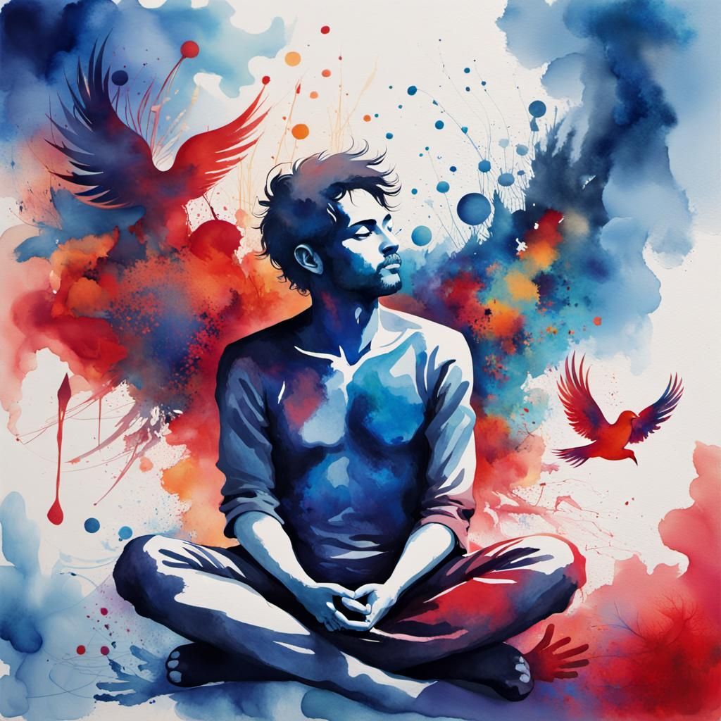 Meditative Silhouette in Watercolor with Abstract Birds