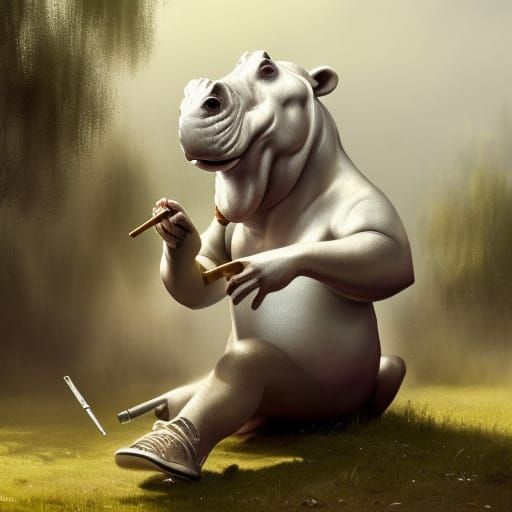 Hippo Smokes Pipe in Marijuana Field: Dark Fantasy Art