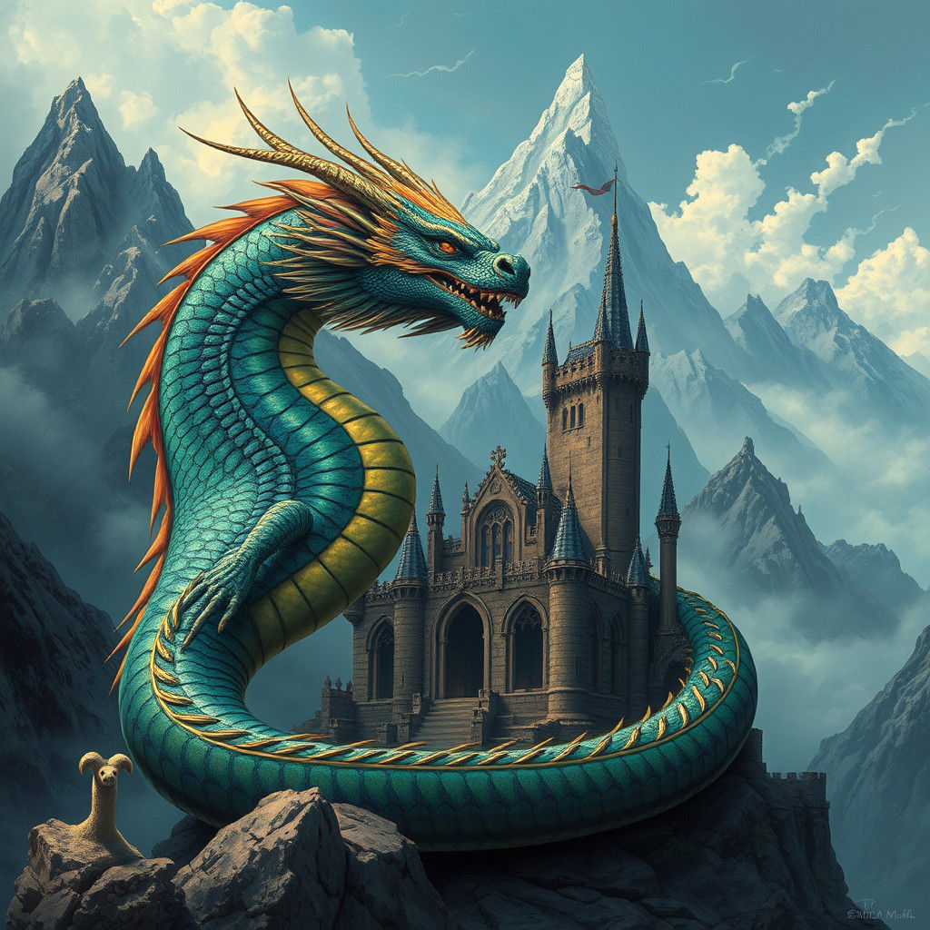 Majestic Dragon Coiled Around Ancient Castle