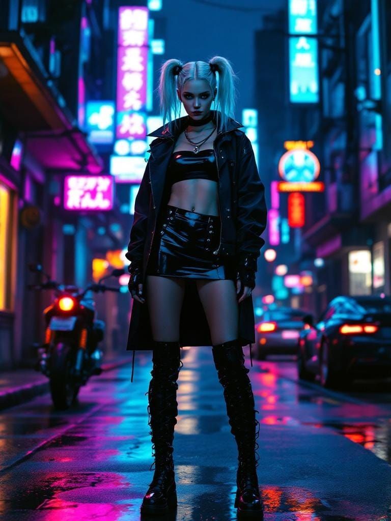 Cyberpunk Woman in Neon Cityscape Digital Art