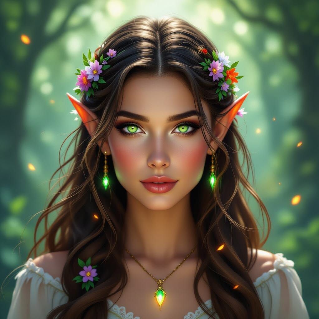 Ethereal Elven Woman Portrait with Flowers and Embers