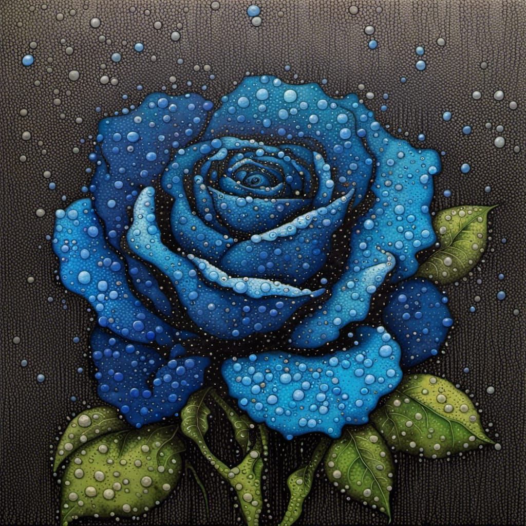 Blue Rose Bush in Rain, Pointillism Style