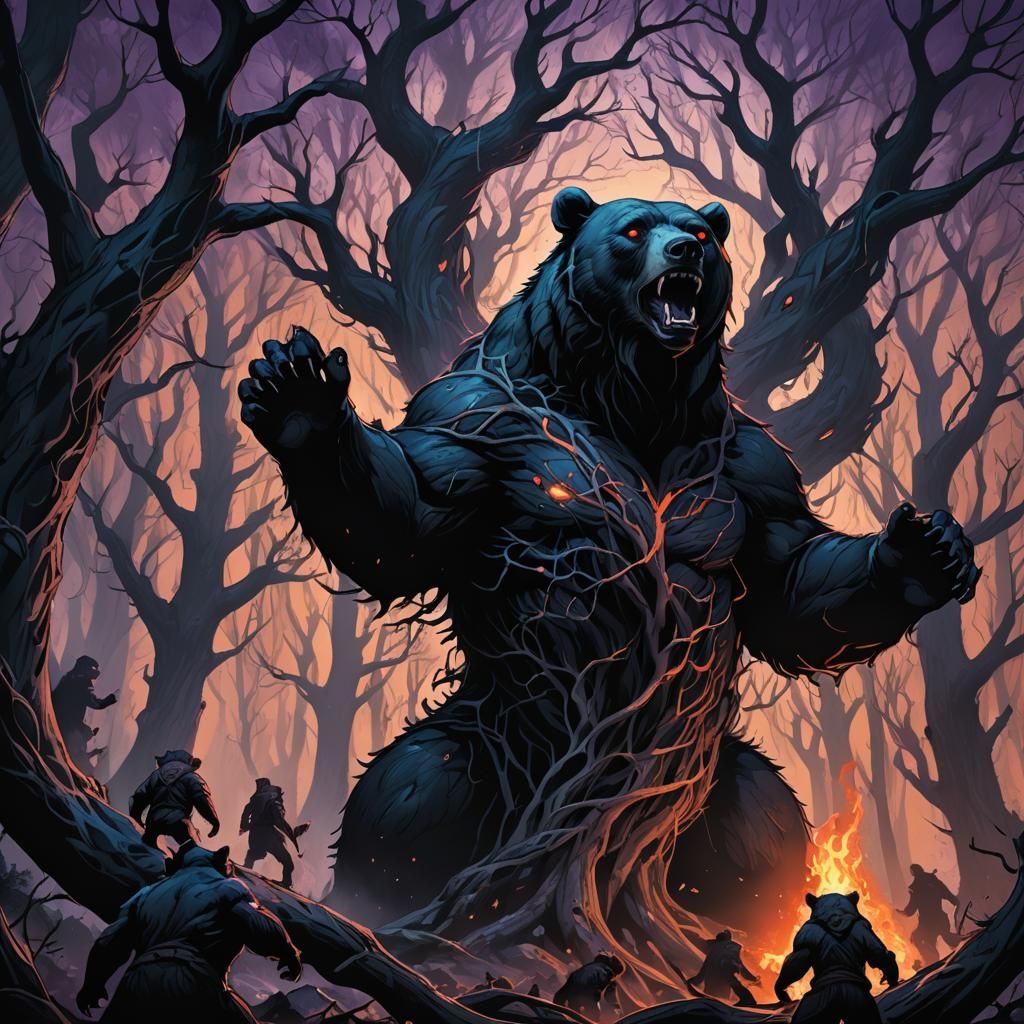 Ominous Dark Fantasy Bears in Twisted Forest