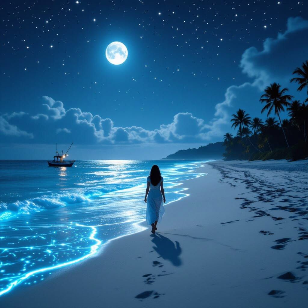 Bioluminescent Beach at Night: Photorealistic Long Exposure