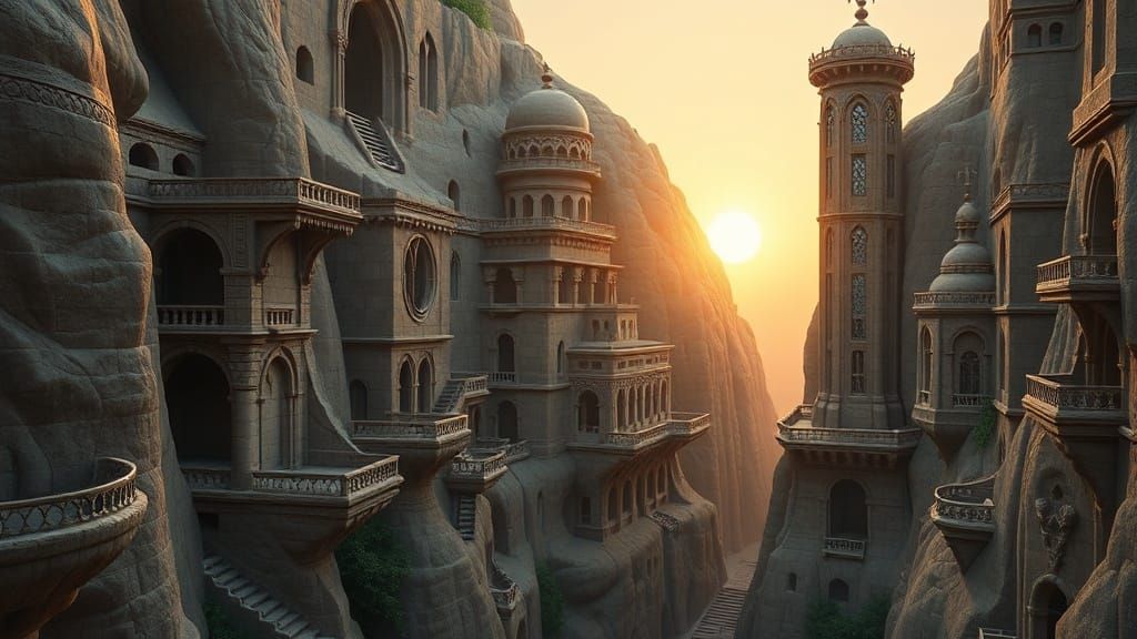 Surreal City on Cliffs: Gothic & Middle Eastern Architecture