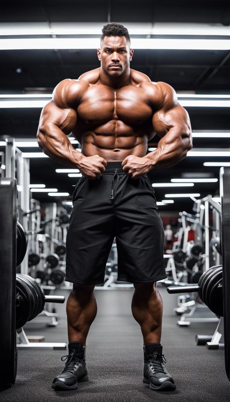 Giant Bodybuilder Flexing Hyper Muscles in Gym
