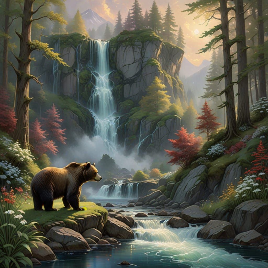 Bear Surrounded by Lush Greenery and Soft, Ethereal Light