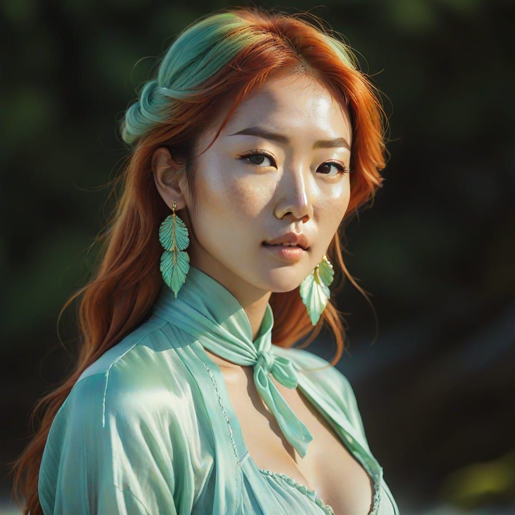 Asian Woman with Red Hair Relaxing on Beach as Oil Painting