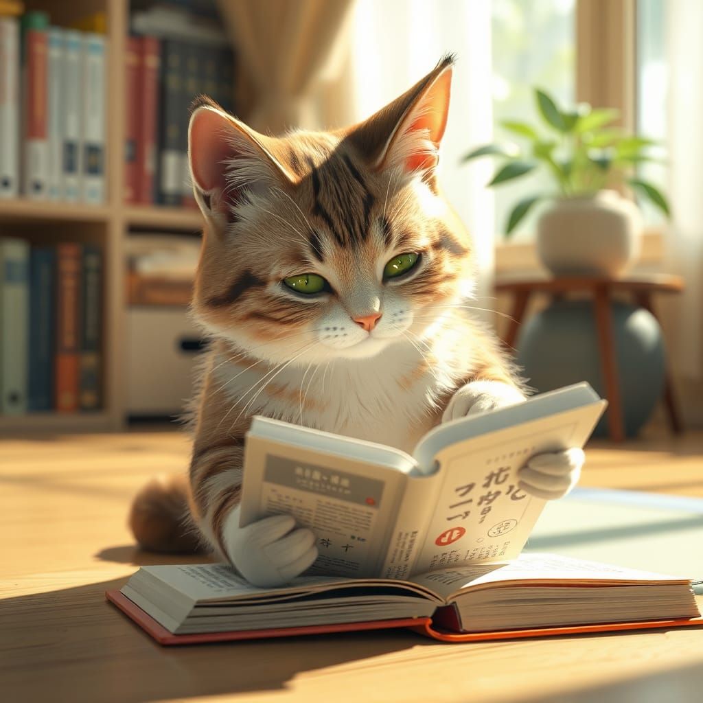 Cat Plays with Textbook: 3D Anime Art