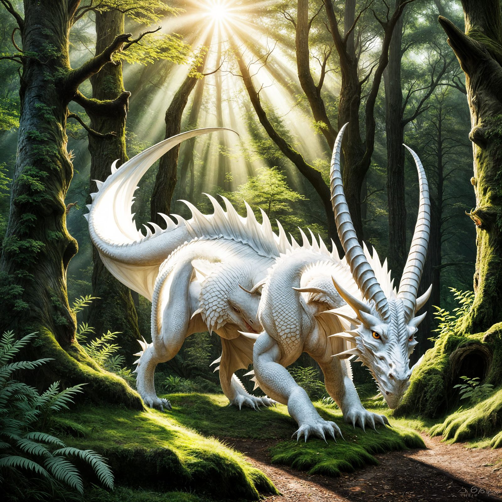 Camouflaged White Dragon in Woodland Scene