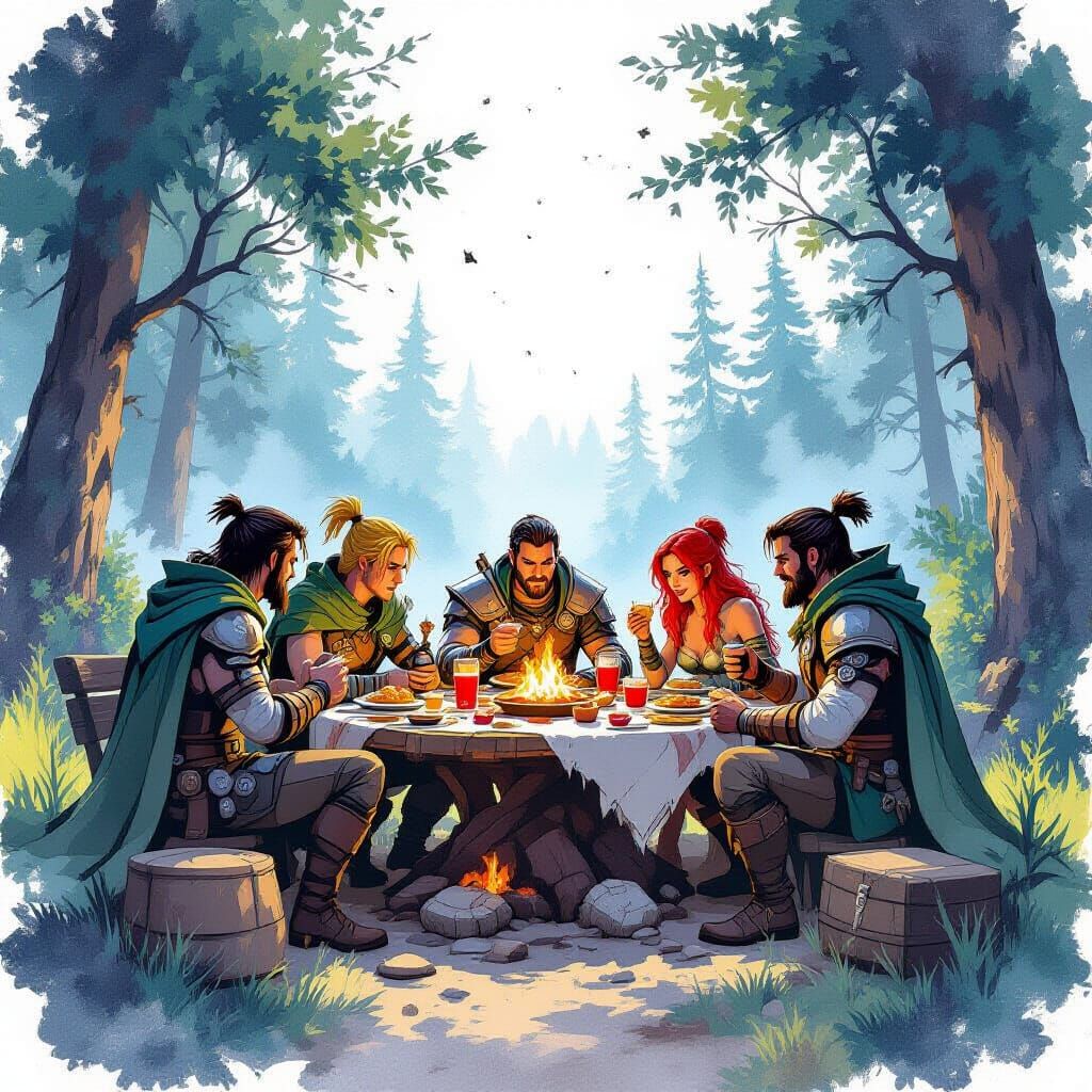 Fantasy Heroes Dinner Party in Ink Splatter Style