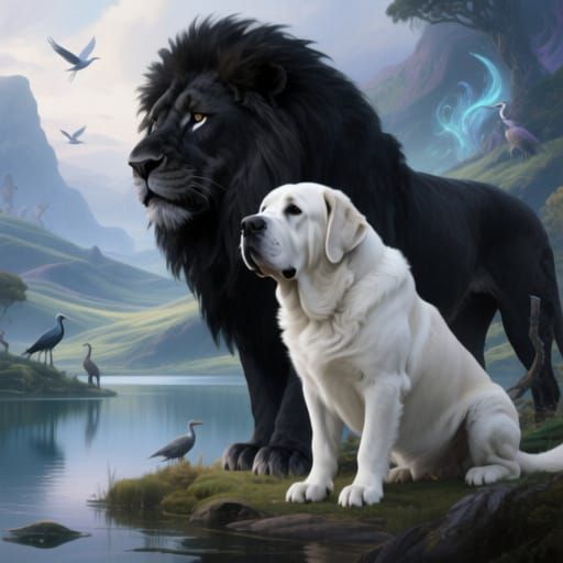 Mastiff Dog and Black Lion in Fantasy Landscape