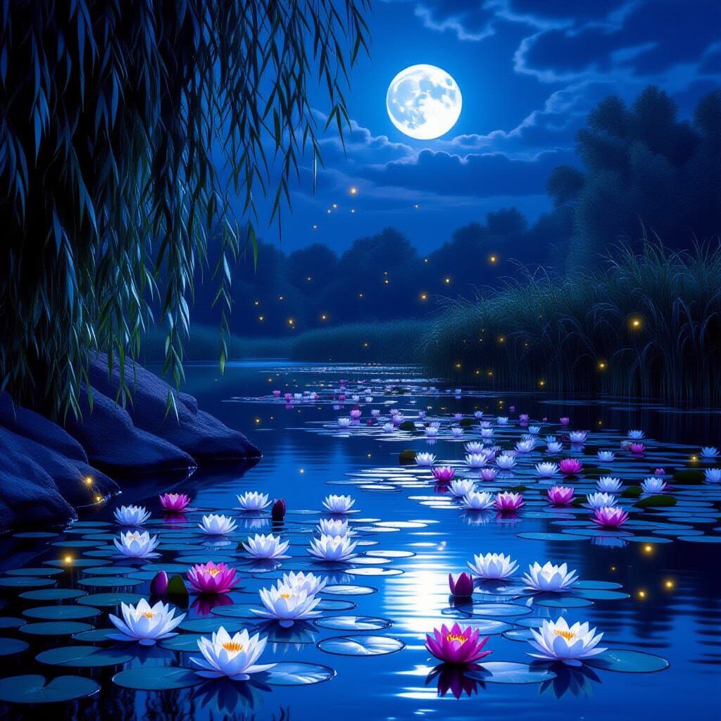 Moonlit River at Night with Water Lilies and Fireflies