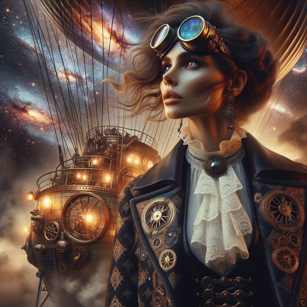 Steampunk Airship Captain Gazing at Nebula Skies