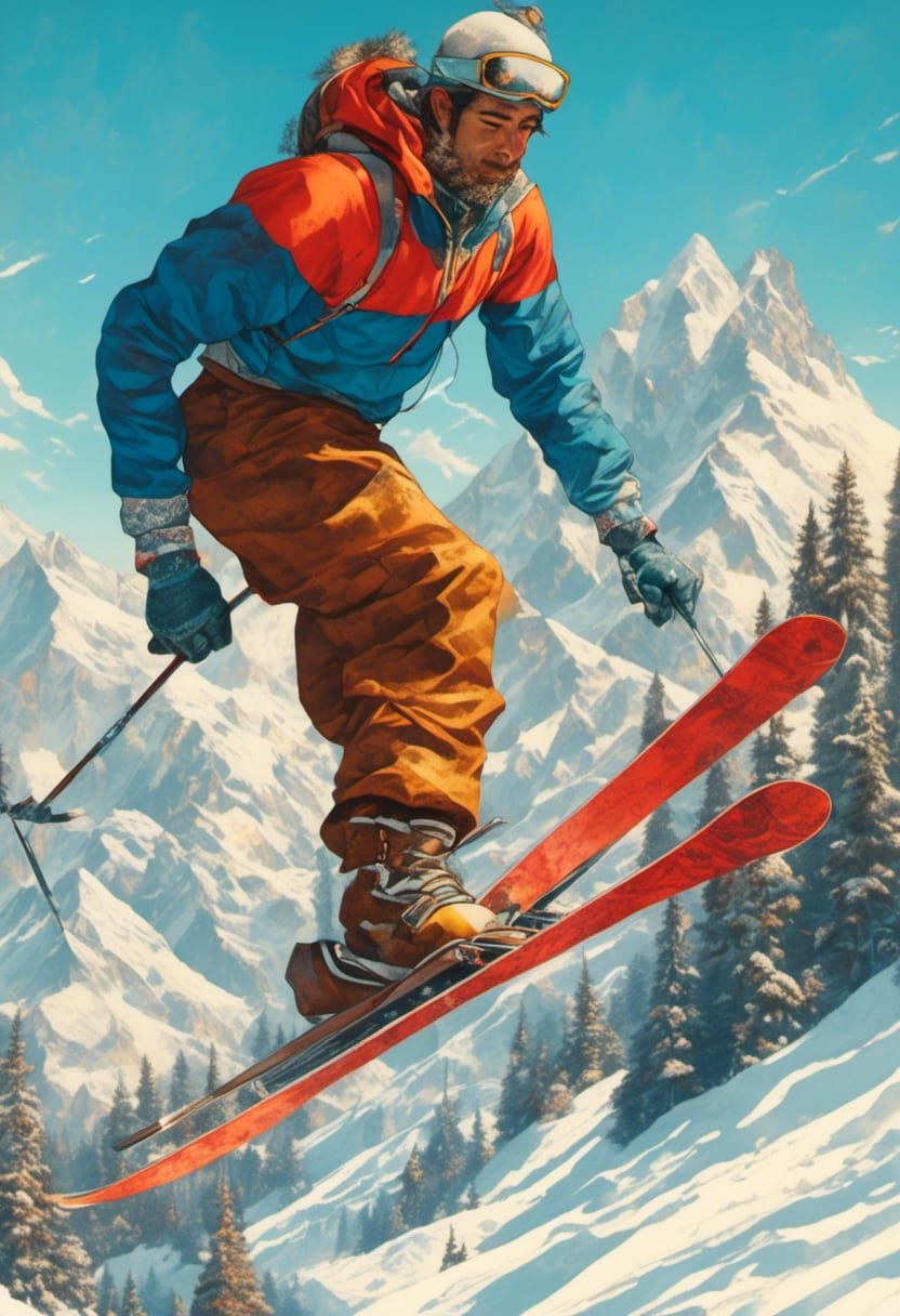 Vintage Skier Descends Snowcapped Mountain in Hyperrealism