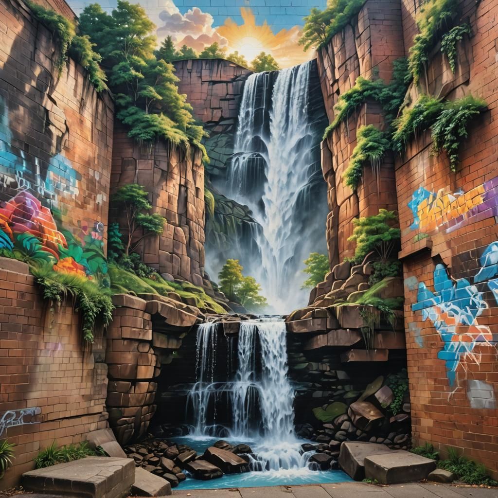 Hyperrealistic Mural: Stone Hand Valley Waterfall