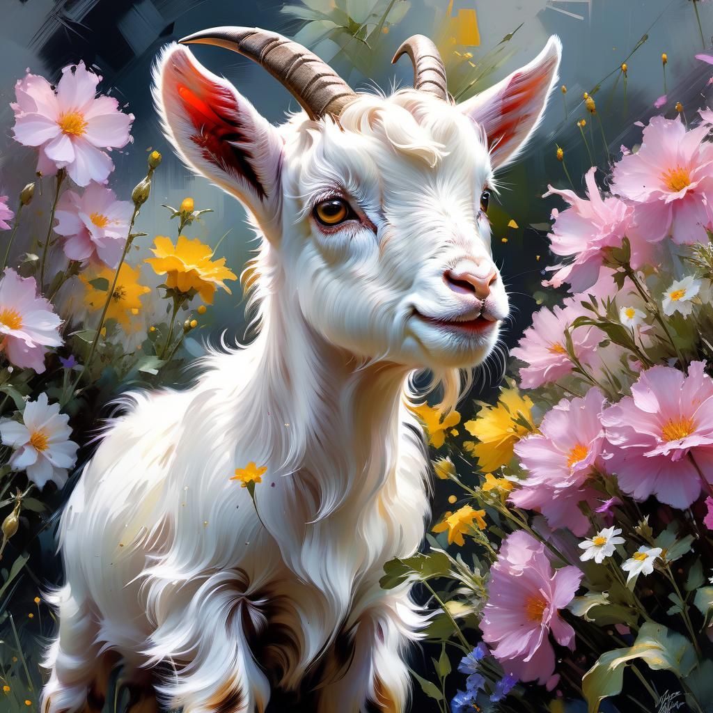 Cute Pygmy Goat Eats Flowers: Detailed Fine Art