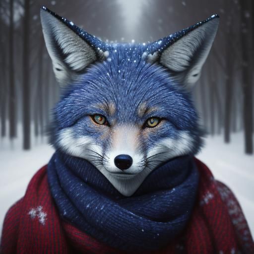 Blue Fox in Winter Snowfall Portrait
