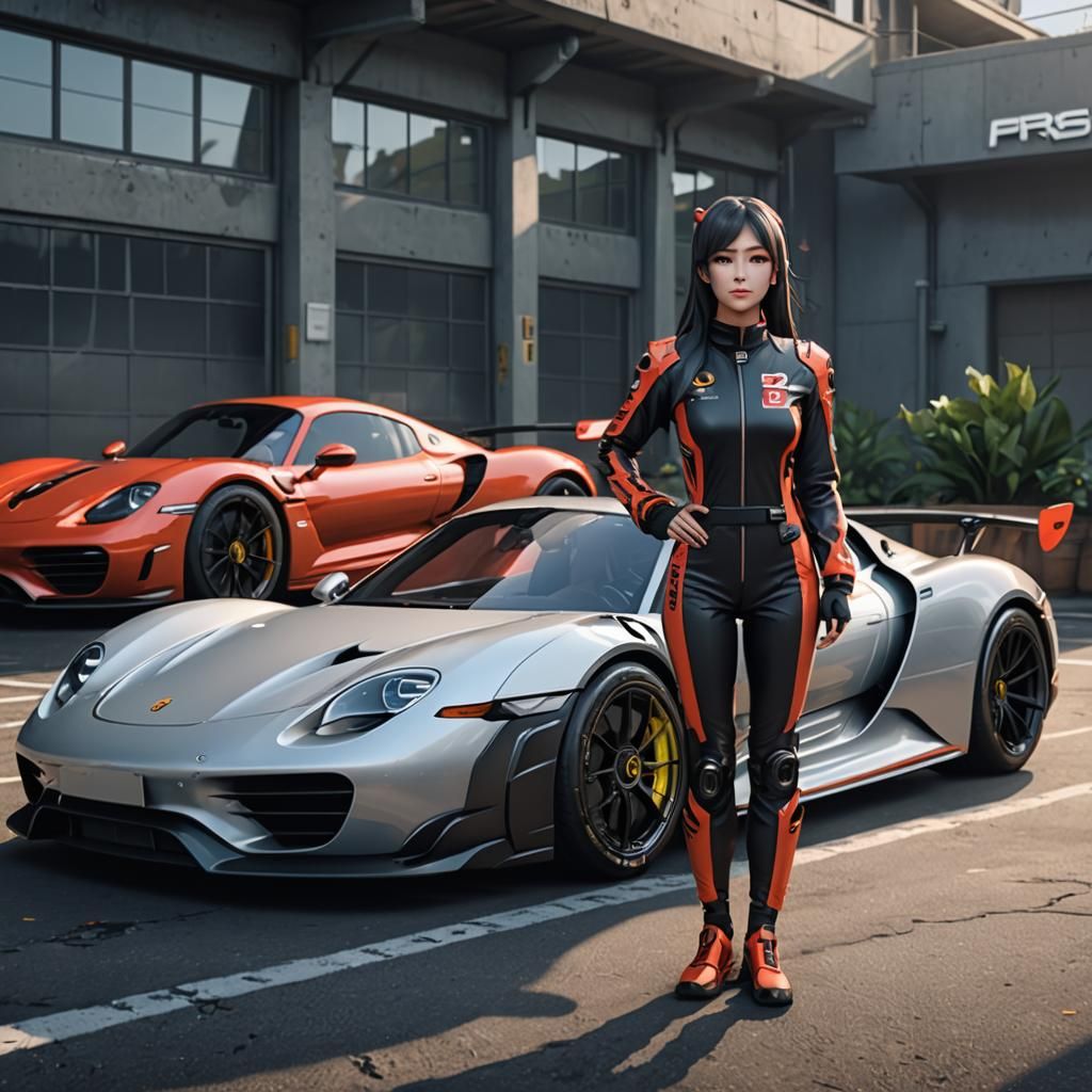 Anime Fox Girl with Porsche 918 Spyder