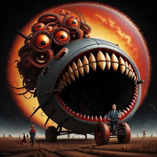 Surreal Creature Pushing Wheelbarrow Under Tornado