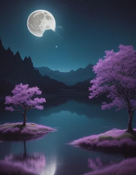 Strawberry Moon Over Tranquil Lake in Surrealist Style