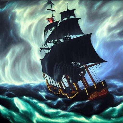Neon Pirate Ship Impressionist Painting on Stormy Seas