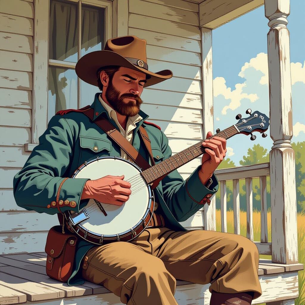Confederate Soldier Banjo Caricature in Whimsical Style