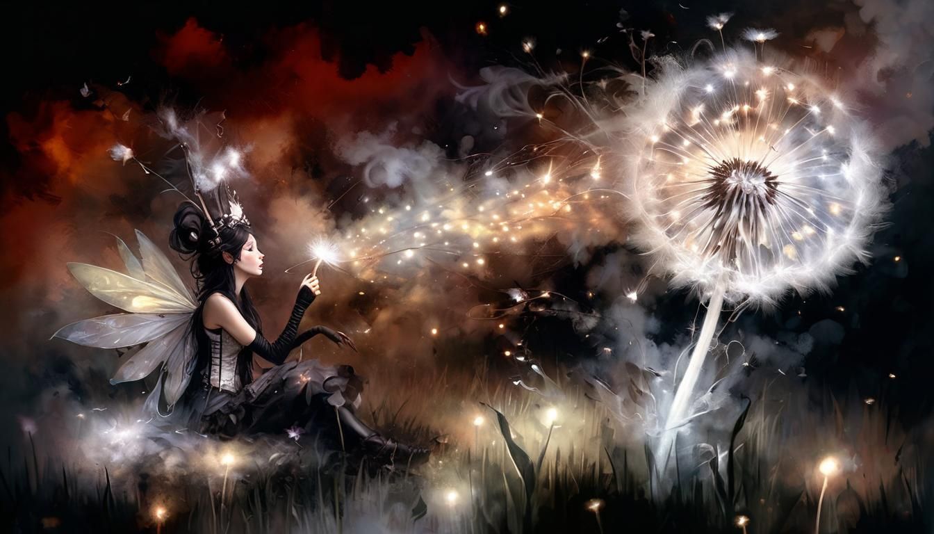 Steampunk Fairy Tale with Dandelion and Fireflies