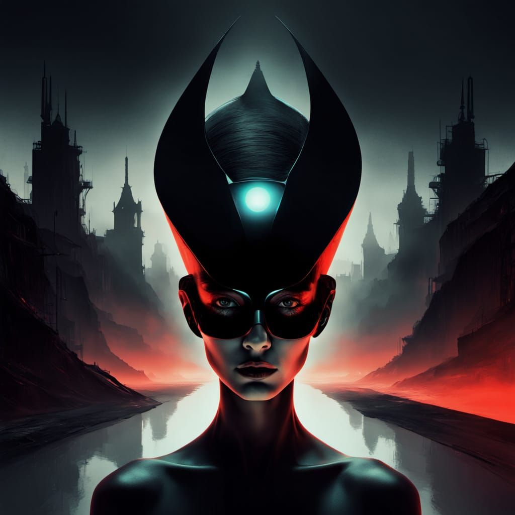 Surrealistic Portrait of a Futuristic Woman in Dystopian Spl...